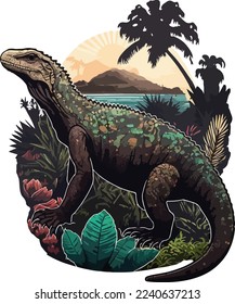 Komodo dragon drawing vector illustration tropical