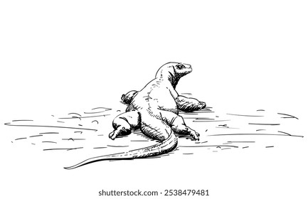 Komodo dragon hand drawn illustration, Rear view, Vector sketch of apex predator and large reptile of the monitor lizard family