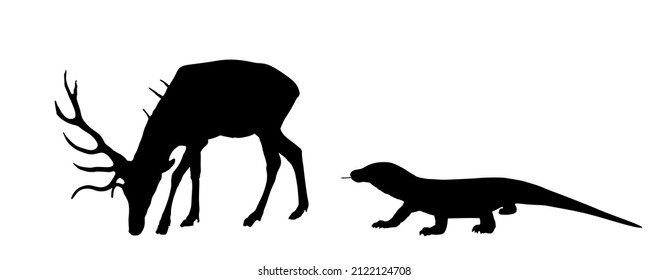 Komodo dragon hunting deer male vector silhouette illustration isolated. Huge antlers buck. Biggest lizard ambush attacks red deer grazing grass. Reindeer prey for Komodo monitor. Varanus komodoensis.