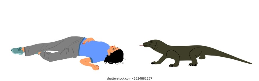 Komodo dragon hunting tourist girl on the ground vector illustration isolated. Biggest lizard ambush attacks injured woman victim lie down. Accident human prey for Komodo monitor. Varanus komodoensis.