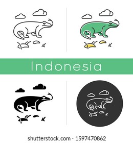 Komodo dragon icon. Tropical country animals. Indonesian islands fauna. Exploring exotic wildlife. Varans in nature. Linear, black, chalk and color styles. Isolated vector illustrations