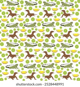 komodo dragon, iguana with fruit as a pattern background