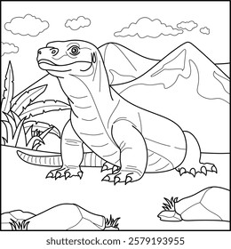 Komodo dragon line art for coloring book with simple background