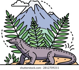 Komodo Dragon Lizard in Tropical Jungle Landscape Vector Illustration