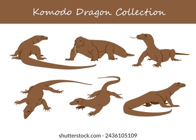 Komodo dragon vector illustration set. Cute Komodo dragon isolated on white background.