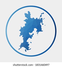 Komodo icon. Polygonal map of the island in gradient ring. Round low poly Komodo sign. Vector illustration.