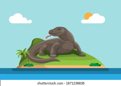 Komodo island. indonesian island habitat of the Komodo dragon, the largest lizard on Earth. concept in cartoon illustration vector