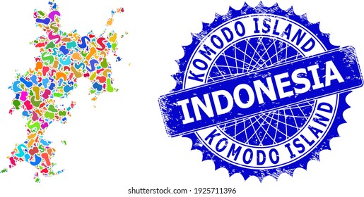Komodo Island map flat illustration. Splash pattern map and scratched stamp for Komodo Island. Sharp rosette blue stamp seal with tag for Komodo Island map.