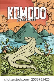 Ilustração do Cartaz da Ilha Komodo. Vetor de Tela de Fundo EPS10