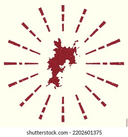 Komodo Logo. Grunge sunburst poster with map of the island. Shape of Komodo filled with hex digits with sunburst rays around. Charming vector illustration.