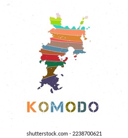 Komodo map design. Shape of the island with beautiful geometric waves and grunge texture. Charming vector illustration.