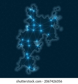 Komodo network map. Abstract geometric map of the island. Digital connections and telecommunication design. Glowing internet network. Charming vector illustration.