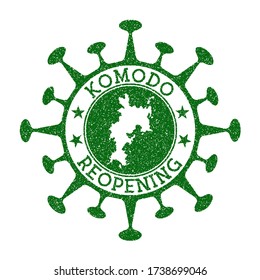 Komodo Reopening Stamp. Green round badge of island with map of Komodo. Island opening after lockdown. Vector illustration.