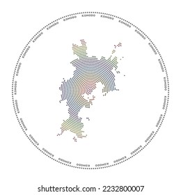 Komodo round logo. Digital style shape of Komodo in dotted circle with island name. Tech icon of the island with gradiented dots. Awesome vector illustration.