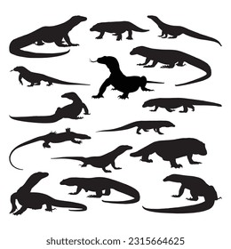 komodo silhouette set collection isolated black on white background vector illustration