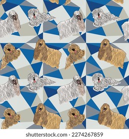 Komondor dog on a mosaic geometric background. Funky, colorful vibe, rainbow colors palette. Simple, clean, modern texture. Geometric, polygon style. Summer seamless pattern with dogs.Triangles.