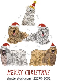 Komondor dogs wearing winter hats. Cute funny dogs. Character design. Abstract Christmas tree. Vector illustration. Merry Christmas greeting card with the cute funny dog holiday poster.