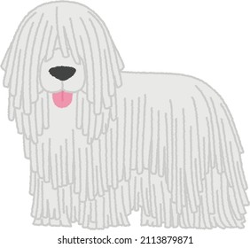 Komondor is a large, white-coloured Hungarian breed of livestock guardian dog with a long, corded coat. Sometimes referred to as 'mop dogs'.