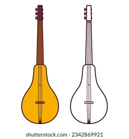 Komuz, traditional Kyrgyz string musical instrument. Color and black and white drawing. Vector clip art illustration.