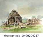 Konark Temple Hand Painted in Watercolors, Konark