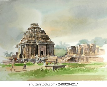 Konark Temple Hand Painted in Watercolors, Konark