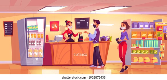 Konbini, convenience store with woman seller at counter and people in queue. Vector cartoon interior of open 24 hours shop, japanese supermarket with cashier and customers in protective face masks
