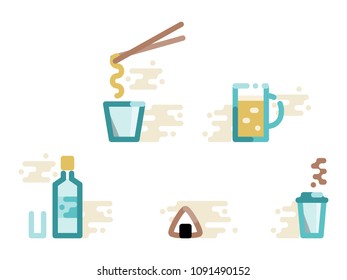 Konbini store food and drink set. Instant noodles, beer, liquor, onigiri, coffee. Isolated line art style illustration on white background.