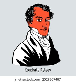 Kondraty Ryleev is a Russian poet, public figure, Decembrist, one of the five executed leaders of the Decembrist Uprising of 1825. Hand-drawn vector illustration