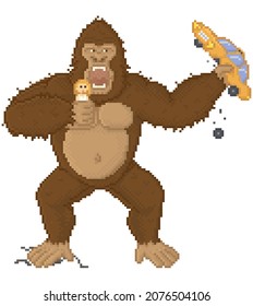 Kong in pixel game layout design. Gorilla attacks humanity, holds girl and car in his hands. Giant monkey in mobile or computer game vector illustration. Kong isolated on white background