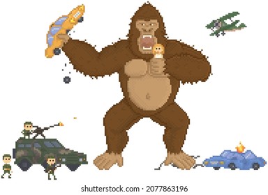 Kong en diseño de juegos de píxeles. Gorila ataca a la humanidad, sostiene a la niña y al auto en las manos. Mono gigante en un juego móvil o de computadora atacado por militares en un vehículo de combate. Kong bajo amenaza