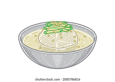 Kong-guksu or noodles in cold soybean soup is a seasonal Korean noodle dish served in a cold soy milk broth. Vector illustration.