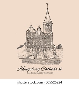 Konigsberg Cathedral, Landmark of the city of Kaliningrad Russia, Cathedral Church on Kant island, Is main symbol of the city, inside open museum, Vector urban hand drawn sketch isolated on background