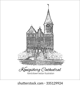 Konigsberg Cathedral, Landmark of the city of Kaliningrad, Russia, Cathedral Church on Kant island, Is main symbol of the city, inside open museum, Vector ink sketch isolated on white background