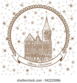 Konigsberg Cathedral, Landmark of the city of Kaliningrad, Russia, Vector Christmas greeting card with Cathedral Church on Kant island, snowflake, Template poster with snowed-in city street, postcard