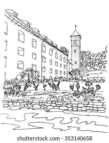 Konigstein Fortress church, Saxon Switzerland, Germany, European city, vector sketch hand drawn collection, drawing, scribble. Famous, tourists & travel, popular historic city attraction, routes. 