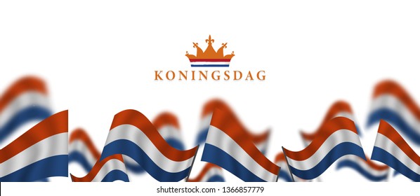 Koningsdag and  design template for poster, 27 april, waving netherlands flag, English translation ; King's Day