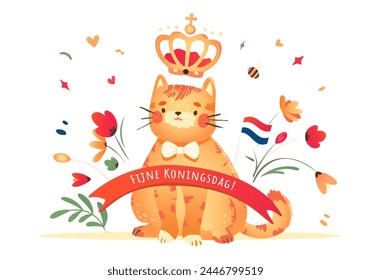 Koningsdag or King Day with orange cat and crown encircled with tulips. Birthday of Willem-Alexander. Holiday in the kingdom of Netherlands on 27 april. Vector illustration.