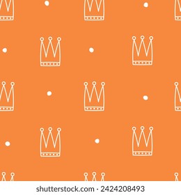 Koningsdag (King's Day) seamless pattern with white hand drawn doodle crowns on orange background. Dutch holidays and culture theme. Vector illustration.