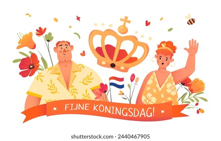 Koningsdag - text in deutch language means Happy King Day in the kingdom of Netherlands. Ginger people celebrating the holiday on april 27.