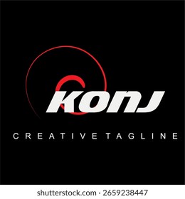 KONJ text vector and red circle variation, company logo design. Black background.