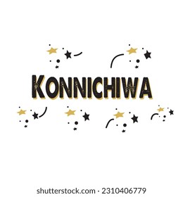 Konnichiwa Hand Drawn Black Vector Calligraphy Isolated on White Background. Konnichiwa - Japanese Word Meaning Hello!