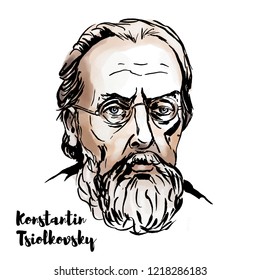 Konstantin Tsiolkovsky watercolor vector portrait with ink contours. Russian and Soviet rocket scientist and pioneer of the astronautic theory.