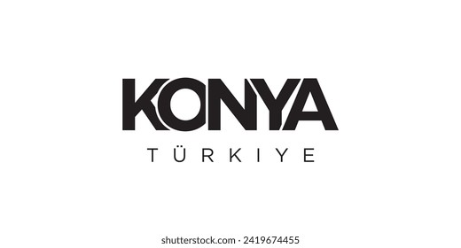 Konya in the Turkey emblem for print and web. Design features geometric style, vector illustration with bold typography in modern font. Graphic slogan lettering isolated on white background.