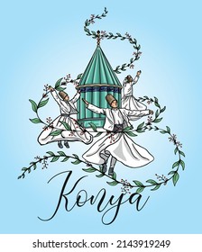 Konya, Turkey - Mevlana museum, whirling dervish, sufi dance, leaf ornament, Whirling dervish vector illustration