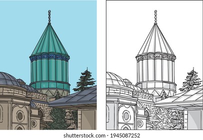 Konya,Turkey - Mevlana museum illustration in color and black and white version