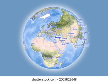 Konya-Turkey is shown on vector globe map. The map shows Konya-Turkey 's location in the world.