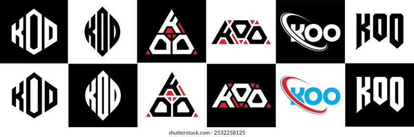 KOO letter logo design in six style. KOO polygon, circle, triangle, hexagon, flat and simple style with black and white color variation letter logo set in one artboard. KOO minimalist and classic logo