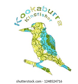  Kookaburra. Emblem. Flowers and curls decorations.   