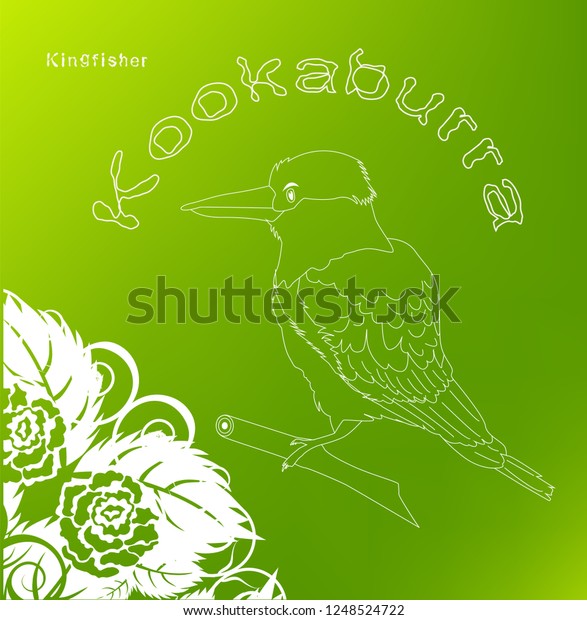 Kookaburra.\
Emblem. Flowers and curls. Green\
background.