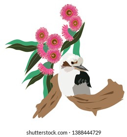 Kookaburra and gum tree flowers vector isolated, Australian nature eucalyptus and mocking bird illustration